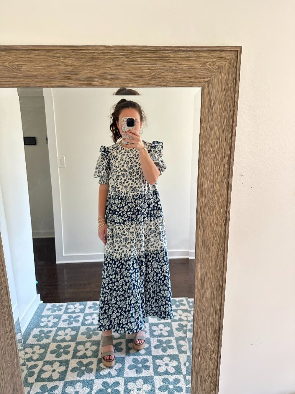 English Factory Blue Floral Puff Sleeve Midi Maxi Dress | Size XS